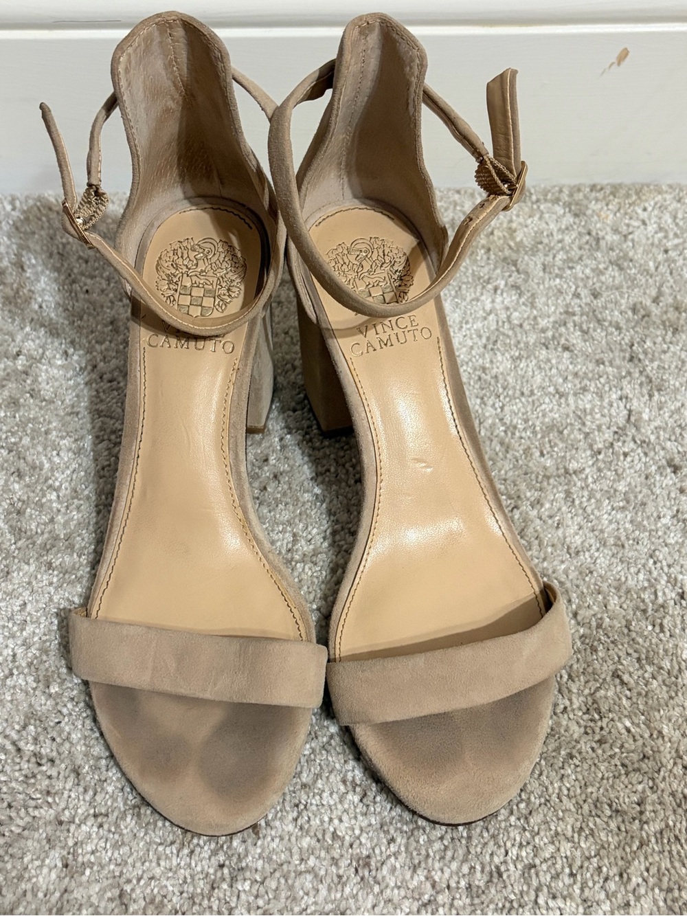 Vince Camuto Nude/Tan Suede Block Heel Sandals with Ankle Strap